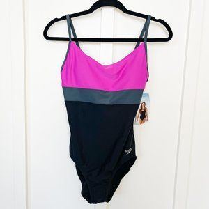 NWT Speedo Pink and Black Color-Block One Piece Swimsuit